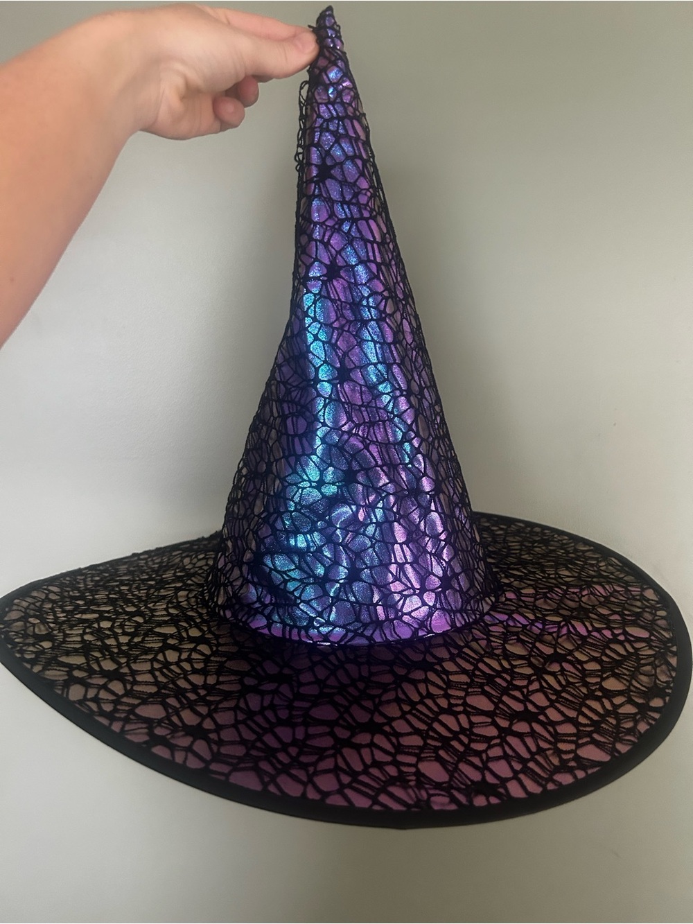 Spirit Halloween Iridescent Purple Blue Witch Hat Black Lace Spiderweb